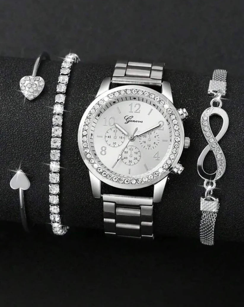 4 Pieces Lady's Silver Stainless Steel Strap Classic Quartz Watch Jewelry Set