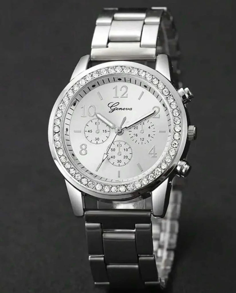 4 Pieces Lady's Silver Stainless Steel Strap Classic Quartz Watch Jewelry Set