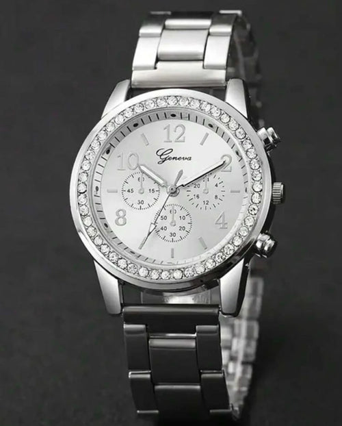 4 Pieces Lady's Silver Stainless Steel Strap Classic Quartz Watch Jewelry Set